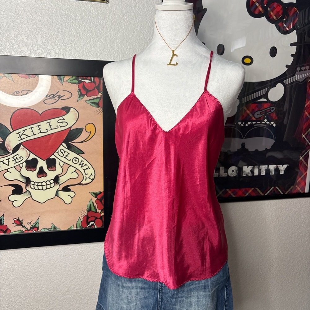Repose Y2K Pink Silky Satin Cami Tank Top V-Neck Slip Top Coquette 2000s Vintage